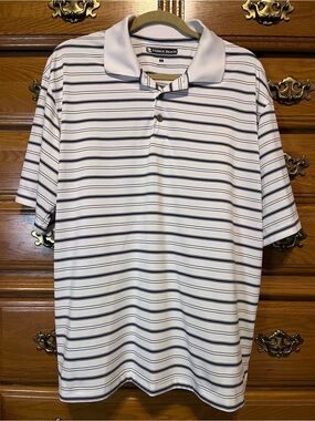 Pebble Beach White & Navy Stripe Men's Polo Shirt